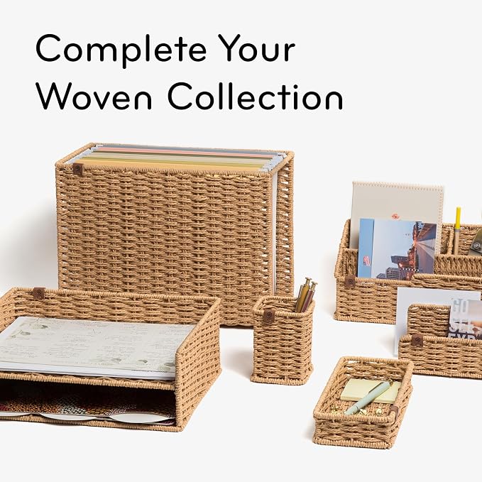 U Brands Woven Pencil Cup, Rattan-Inspired Wicker Style Office Organization Supplies, Natural Wood, 1 Count