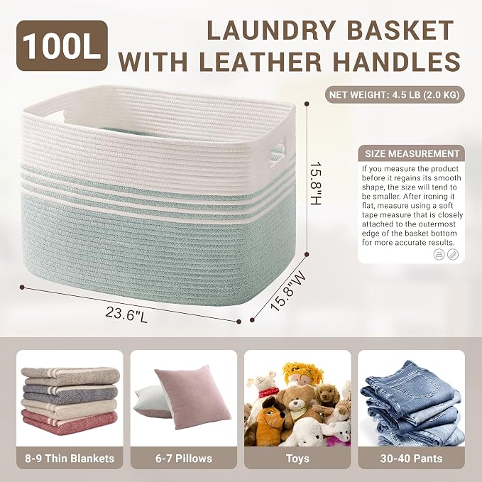 100L Extra Large Woven Laundry Basket Hamper with Handles, Green | 24"x16"x16", collapsible wicker hamper, storage for dirty clothes, toys, blankets, gifts, living room, bedroom, bathroom