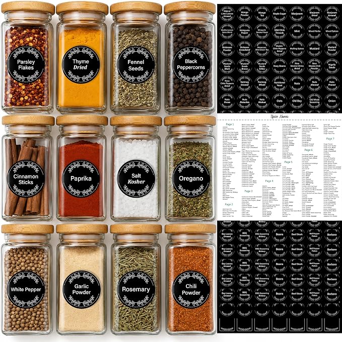 665 Spice Labels Book with A-Z Index, Black Round Pantry Stickers