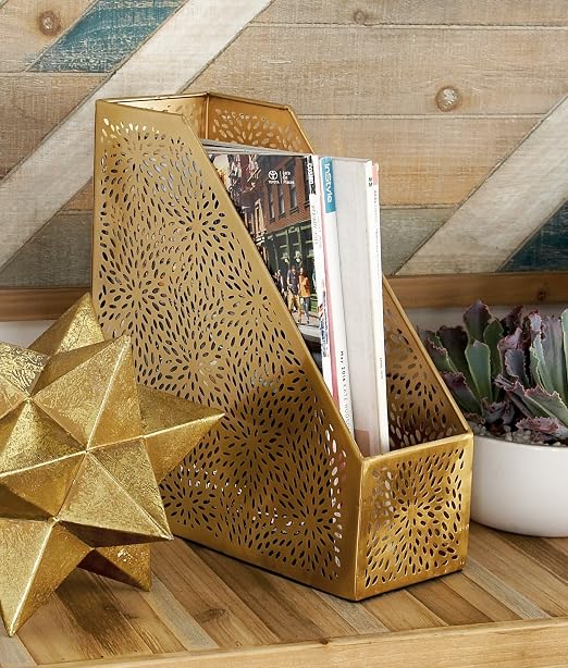 CosmoLiving by Cosmopolitan Metal Single Slot Magazine Holder with Laser Carved Floral Design, 5" x 10" x 12", Gold | Decorative Floral Magazine Rack Single Slot With Laser Carved Design File Holder