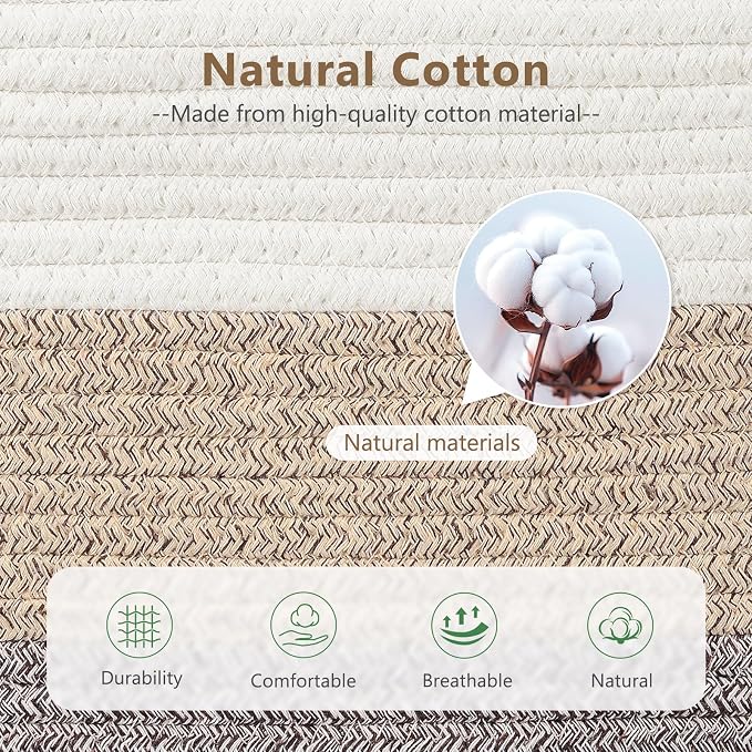 ECDYQXVU 15x10x9 Woven Cotton Rope Storage Basket, Leather Handles 2 Pack | Foldable Design, Sturdy PU Handles, Easy to Clean Organizer for Living Room, Closet, Shelves, Bedroom, Laundry, Clothes