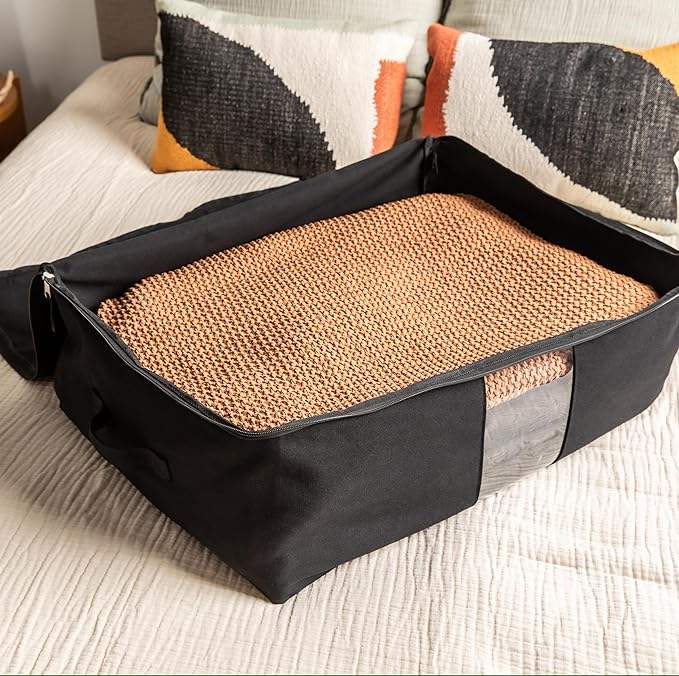 Soft Canvas Storage Bags with Zipper. Thick Breathable, 1pc King/Queen Comforter Organizer. Four Carrying Handles and Window. Large 25x19x9in Bag for Sheets Blankets Bedding Pillows, Clothes (Black)