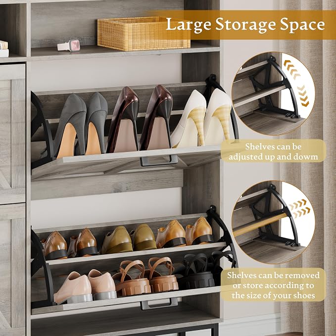 Wodeer Shoe Cabinet Storage for Entryway, Shoe Storage Cabinet with 4 Flip Drawers, Freestanding Narrow Shoe Rack Organizer with Metal Legs, Adjustable Shelves & Open Storage for Foyer, Hallway, Grey
