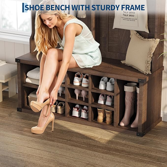 Garvee Farmhouse Entryway Hall Tree with Bench, Shoe Storage & Coat Rack | Large 5-in-1 Mudroom Storage w/ 6 Tri-Hooks & Seating, 13 Cubbies & Adjustable Shelf, Metal Corner Protctor, Rustic Brown