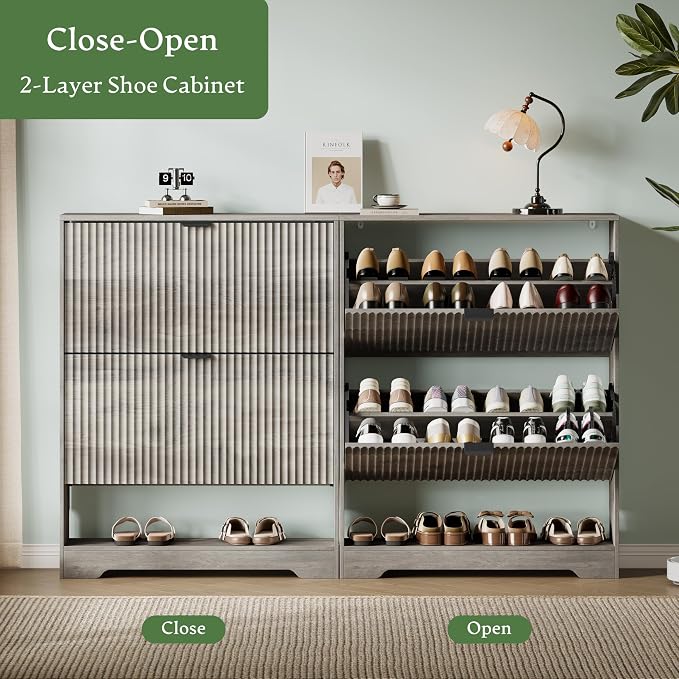 Xixini Shoe Storage Cabinet for Entryway with 2 Flip Drawers, Hidden Slim Wood Shoe Organizer with Modern Fluted Panel, Freestanding Narrow Shoe Rack for Front Door Entrance, Hallway, Foyer, Grey
