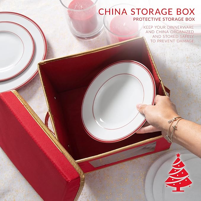 Simplify Holiday Salad Plate Dinnerware Storage Box | 9.45 Inch | Christmas China | 12 Felt Dividers | Tableware Setting | Red