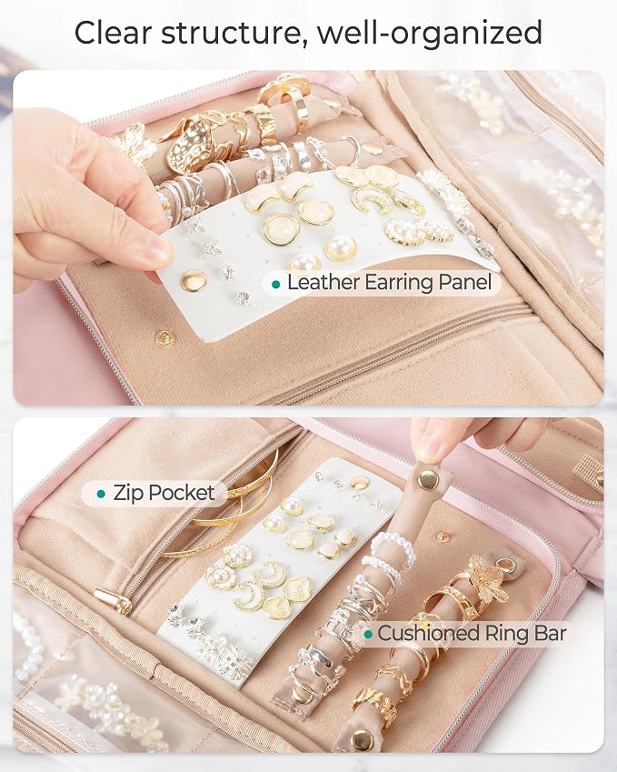 Marscamd Travel Jewelry Case Organizer, Foldable Jewelry Bag, Pink | with Zipper Jewelry Bag for Earrings, Rings, Necklaces, Bracelets, Brooches