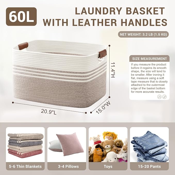 60L Woven Laundry Basket Hamper with Leather Handles,Brown | 21"x15"x11", collapsible wicker hamper, storage for dirty clothes, toys, blankets, gifts, living room, bedroom, bathroom