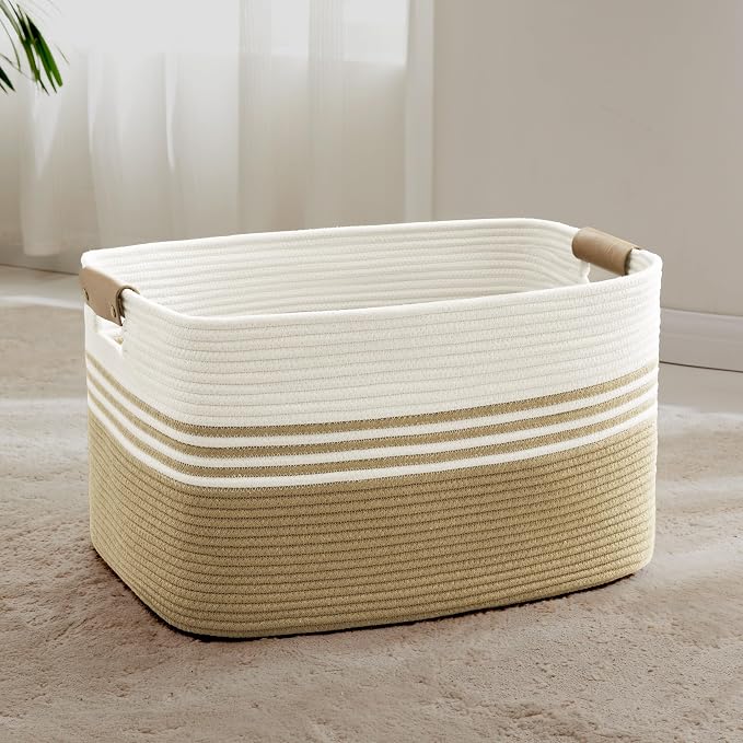 72L Large Woven Laundry Basket Hamper with Leather Handles,Khaki | 22"x17"x12", collapsible wicker hamper, storage for dirty clothes, toys, blankets, gifts, living room, bedroom, bathroom