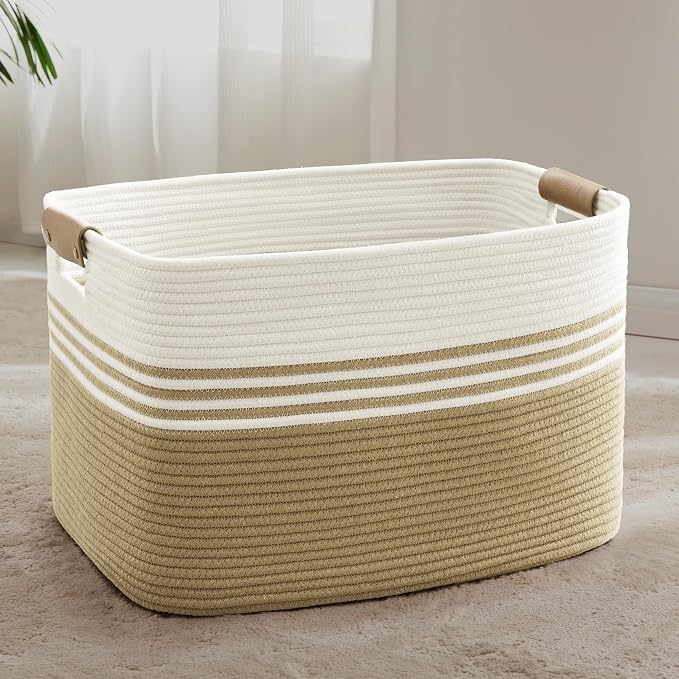 86L Large Woven Laundry Basket Hamper with Leather Handles,Khaki | 24"x16"x14", collapsible wicker hamper, storage for dirty clothes, toys, blankets, gifts, living room, bedroom, bathroom
