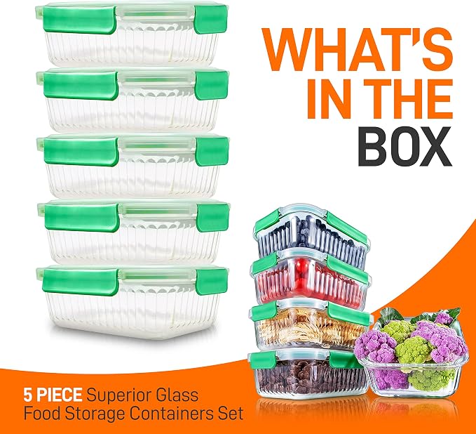 NutriChef 10-Piece Superior Glass Food Storage Containers Set (5 Containers + 5 Locking Lids),Stackable Meal-prep Design, BPA-free Airtight Clear Locking lids with Vent Lids & Air Hole, Wave