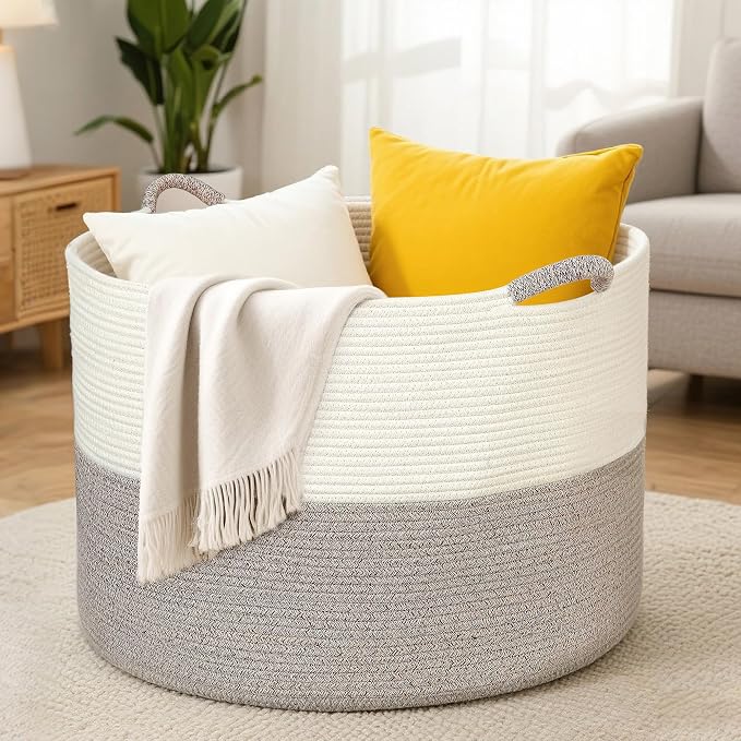 XXXXL 125L Extra Large Blanket Basket, 24.8" x 16" Jumbo Woven Basket (Includes 2 Cute Baskets), Cotton Rope Basket with Handle for Living Room, Baby Toys Nursery, Laundry (White/Light Grey)