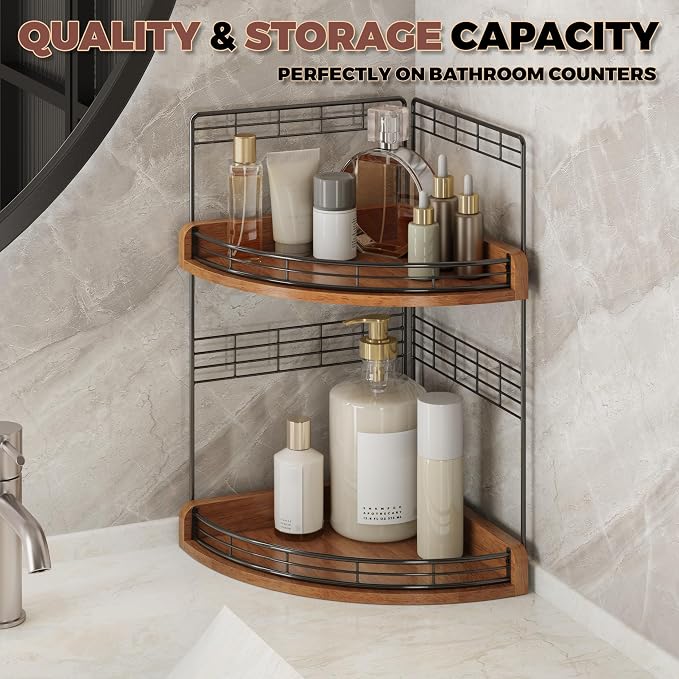 Bathroom Countertop Corner Organizer for Small Spaces, 2-Tier Counter Shelf | Oak Wood & Iron, Fan-Shaped Counter Shelf for Sink & Vanity Corners, Skincare, Toiletries, Compact Vertical Storage, Walnut