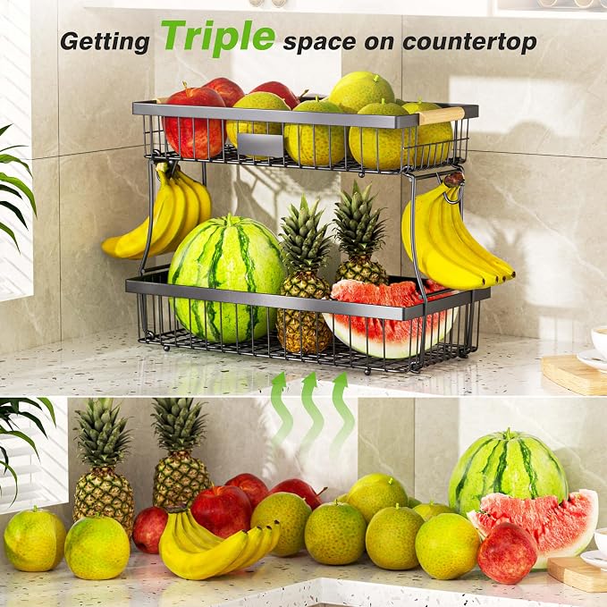 2-Tier Fruit Basket with Banana Hangers, Black Standing Storage Rack | Metal, Wooden handle, Removable Design, Tool-Free Assembly, Versatile Kitchen Countertop Organizer, Vegetables, Seasonings