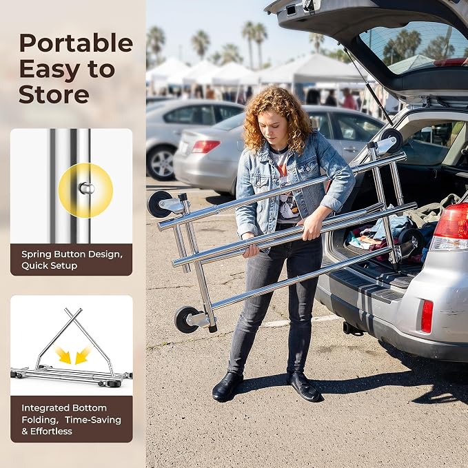 HOKEEPER Clothes Rack, Rolling Clothing Racks for Hanging Clothes, Portable Clothes Rack with Lockable Wheels, Commercial Heavy Duty Garment Rack for Bedroom, Living Room, Laundry, Balcony Collapsible