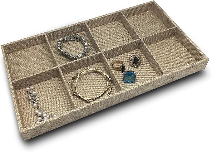 The Display Guys - Stackable Jewelry Tray and Organizer - for Drawers, Dressers, Store Display (8 Compartments, Beige Burlap)
