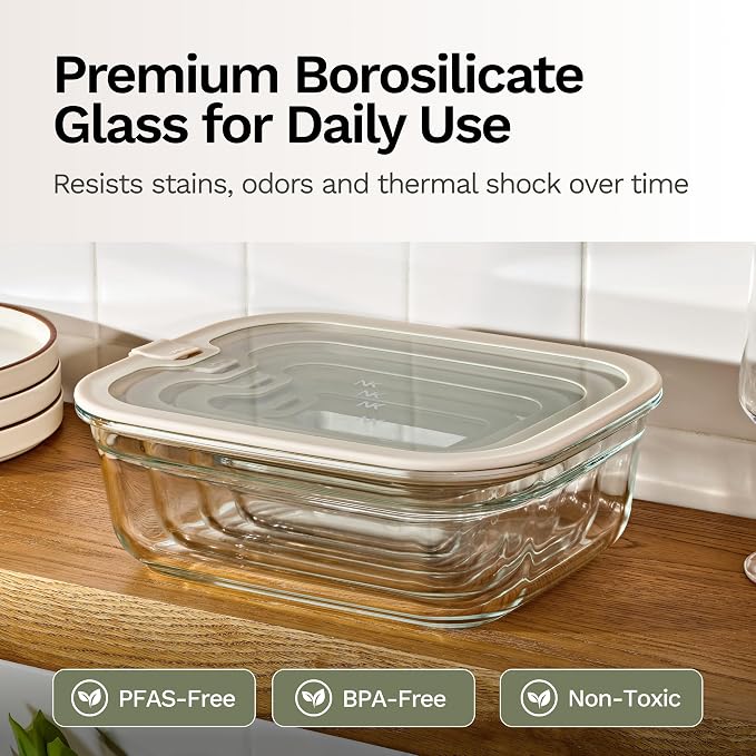 Naked Kitchen 8-Piece Food Storage Containers with Lids – Nesting Borosilicate Glass Meal Prep Containers with Leak-Proof Airtight Seal – BPA Free, Microwave, Oven, Freezer & Dishwasher Safe – Cream