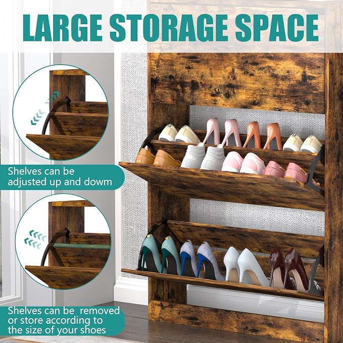 Wodeer Narrow Shoe Cabinet for Entryway, Slim Shoe Storage Cabinet with 3 Flip Drawers, Hidden Wood Shoe Cabinet Storage, Freestanding Shoe Rack Organizer Foyer, Hallway, Brown