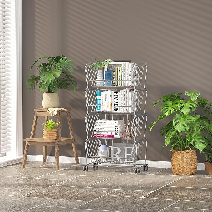 PUSDON Stackable Metal Storage Carts, Dual Use Shelf for Kitchen Fruit Vegetable Baskets with Wheels, Storage Rack for Living Room, Home & Office, Standard Silver Grey 6 Tiers