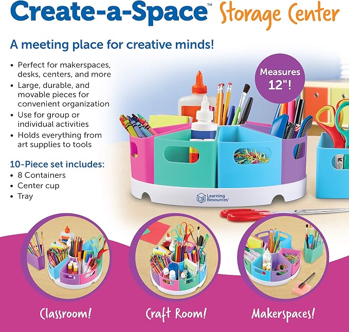 Learning Resources Create-a-Space Storage Center, Pastel | Rotating Caddy Organizer for Kids, Art Supply Organizers for Markers, Pens and Pencils, Classroom Table Caddy for Teachers