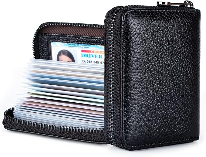Suweibuke Genuine Leather Credit Card Holder Zipper Wallet RFID Blocking Secure Card Case ID Case Organizer (Classic-Black Leather)