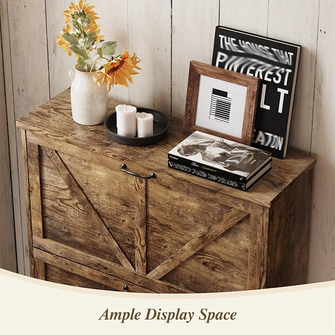 Semiocthome Farmhouse Shoe Storage Cabinet with 2 Flip Drawers, 31.5"(W) Freestanding Shoe Organizer with Barn Door and Metal Handles for Entryway, Corner Narrow Shoe Rack Cabinet - Rustic Brown