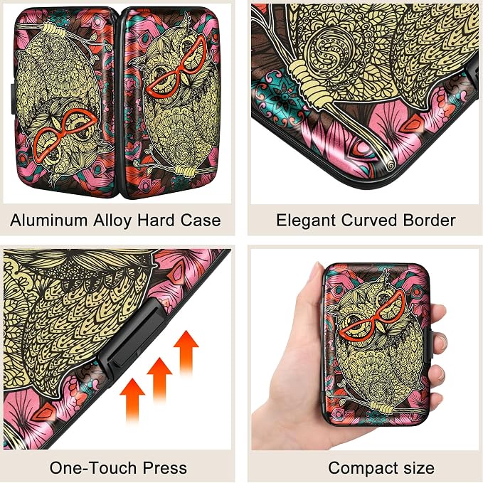 ELFISH Mini RFID Aluminum Wallet Credit Cards Holder Business Card Case Metal ID Case for Men Women(Cute Owl)