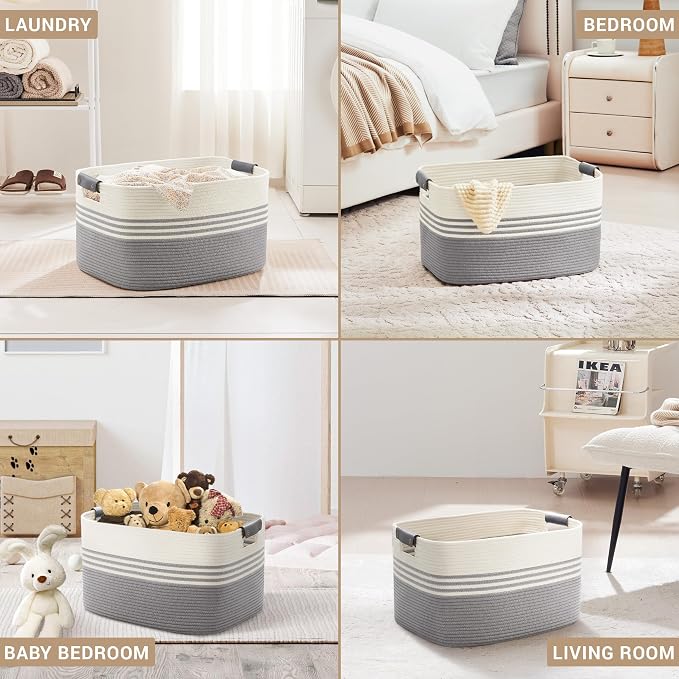 72L Large Woven Laundry Basket Hamper with Leather Handles,Grey | 22"x17"x12", collapsible wicker hamper, storage for dirty clothes, toys, blankets, gifts, living room, bedroom, bathroom