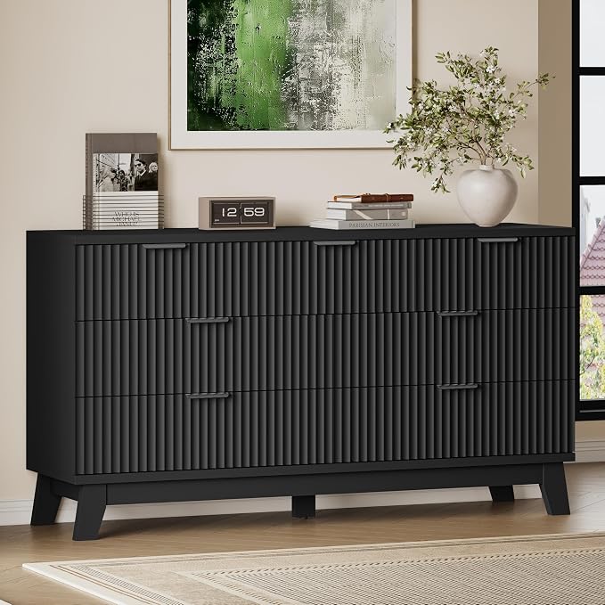 BORNOON 57" Long Dresser for Bedroom, 7-Drawer Fluted Chest, Wide Wood Storage Dresser with Metal Slides and Handles, Stable Base, Modern Clothes Organizer for Primary Suite, Guest Room, Nursery