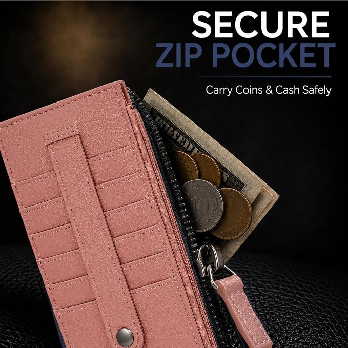 Leatherboss Genuine Leather All in One Card Case Holder Slim Wallet With a Card Protection Strap, Peach