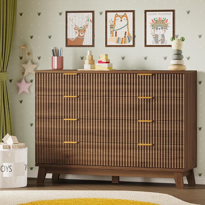 BORNOON Fluted 8 Drawer Tall Dresser, 47.2" Wide Modern Boho Chest of Drawers, Wooden Storage Dresser TV Stand for Bedroom, Living Room, Closet, Hallway, Curved Profile Design