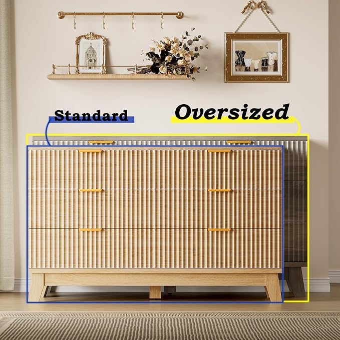 BORNOON Fluted 6 Drawer Dresser, 47.2" Wide Modern Boho Chest of Drawers, Wooden Storage Dresser TV Stand for Bedroom, Living Room, Closet, Hallway, Curved Profile Design