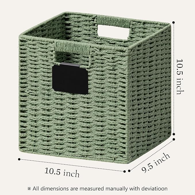 UBBCARE 2 Pack Wicker Basket, 10.5×10.5 Storage Cubes with Label, Foldable Cube Storage Bin with Handle, Square Storage Basket for Shelves, Woven Paper Rope Basket for Organizing, Green