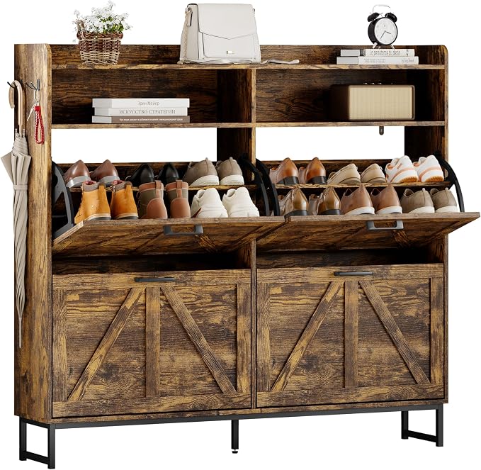 Wodeer Shoe Cabinet Storage for Entryway, Shoe Storage Cabinet with 4 Flip Drawers, Freestanding Narrow Shoe Rack Organizer with Metal Legs, Adjustable Shelves & Open Storage for Foyer, Hallway, Brown