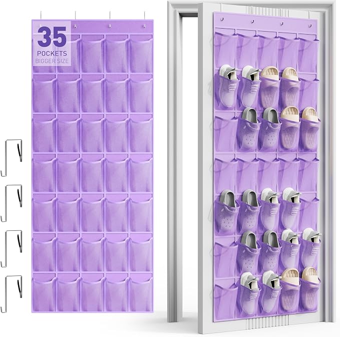 WVM Over the Door Shoe Organizer with 35 Breathable Mesh Pockets, Hanging Shoe Organizer for Door with 4 Metal Hooks, Large Capacity Closet Storage for Shoes, Accessories