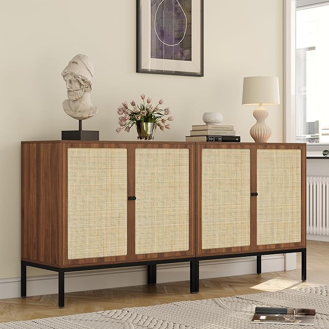 Yechen Set of 2 63" Walnut Sideboard Cabinet with Natural Rattan Doors, Buffet Console & Accent Cabinet, Rattan Credenza Storage with Metal Legs for Living Room, Kitchen, Dining Room