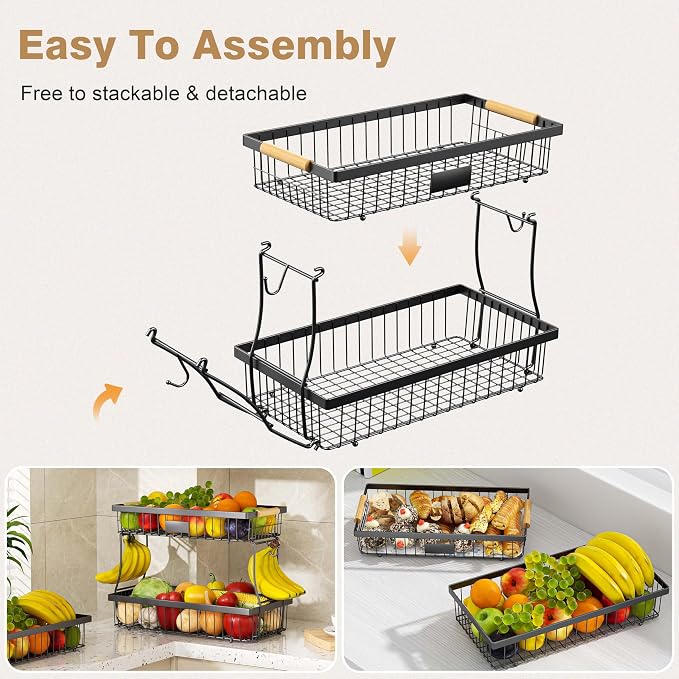 2-Tier Fruit Basket with Banana Hangers, Black Standing Storage Rack | Metal, Wooden handle, Removable Design, Tool-Free Assembly, Versatile Kitchen Countertop Organizer, Vegetables, Seasonings