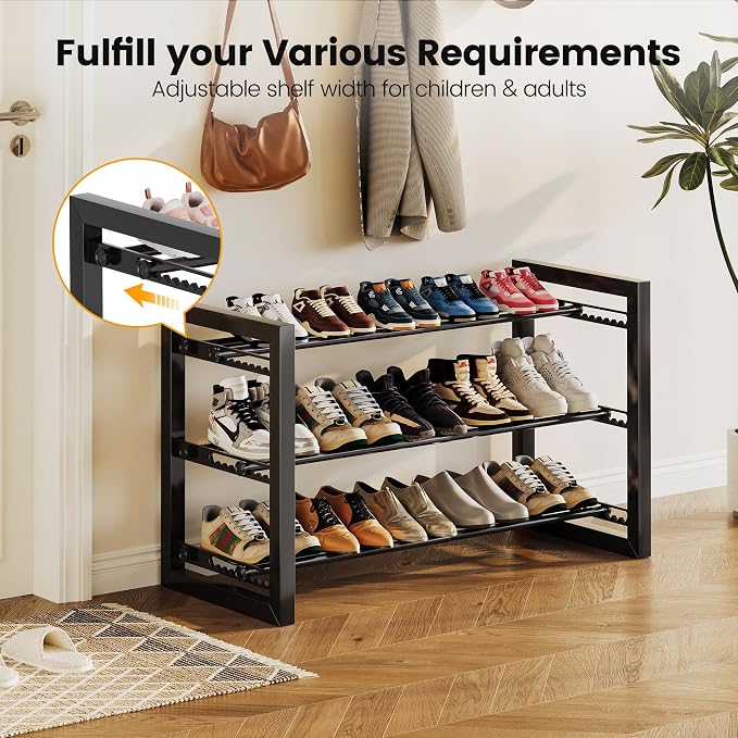 Homeiju Expandable Shoe Rack, 3 Tier Metal Shoe Shelf, Adjustable Shoe Stand for Sneakers, Boots, Heels, Heavy-Duty Steel Standing Shoe Organizer for Entryway, Closet, Bedroom, Black