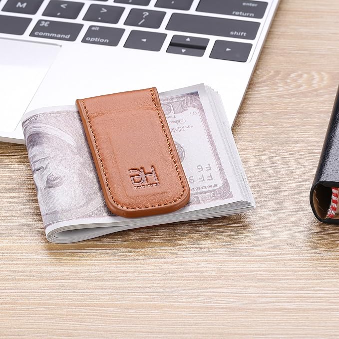 GH GOLD HORSE Slim Magnetic Money Clip Genuine Leather Business Card Holder for Men (Brown)