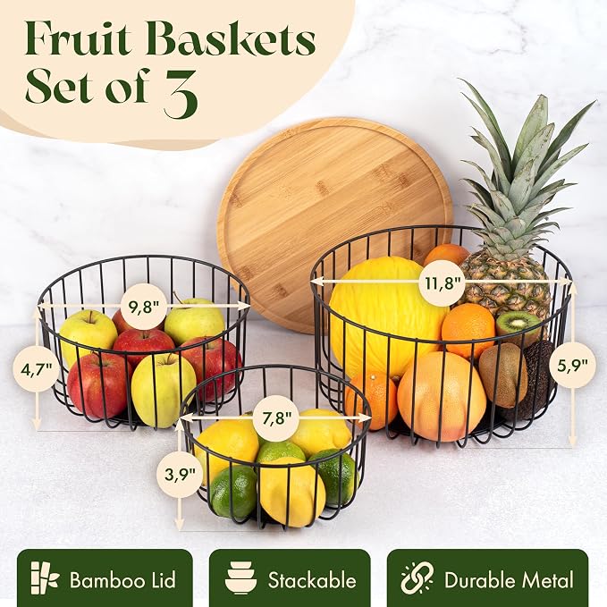 Fruit Basket for Kitchen Counter Set of 3 - Large Stackable Baskets with Bamboo Lid - Fruit Bowl, Perfect Holder For Fruits and Vegetable Storage -Keep Your Countertop Classy, Tidy and Slightly Fruity