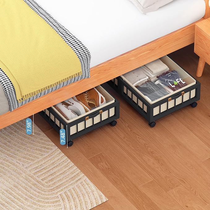 efluky 2-Pack Bamboo Under Bed Storage Containers with Wheels, Under Bed Clothes Storage Basket with Large Dust Bag, Rolling UnderBed Storage for Bedroom, Dorm and Basement, Black, (60 x 42 CM