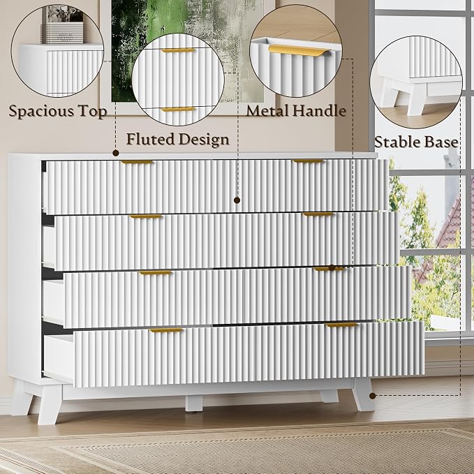 BORNOON Fluted 8 Drawer Tall Dresser, 47.2" Wide Modern Boho Chest of Drawers, Wooden Storage Dresser TV Stand for Bedroom, Living Room, Closet, Hallway, Curved Profile Design