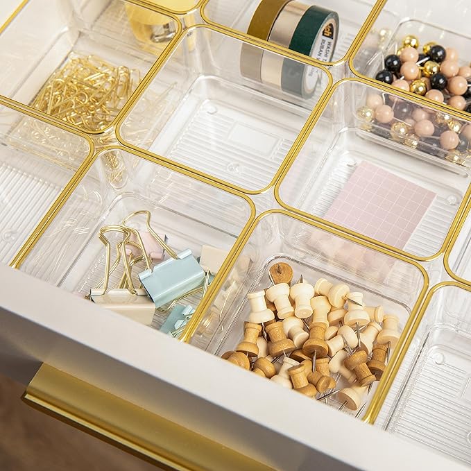 Martha Stewart Kerry Plastic Stackable Office Desk Drawer Organizers, 3" x 3", 12 Pack, with Gold Trim