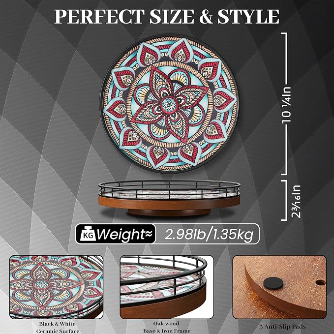 10.2-Inch Boho Lazy Susan with Oak Base and 3D Textured Ceramic Tile | Rotating tray with raised boho ceramic texture, oak base and walnut finish for dining tables, counters and coffee bars.
