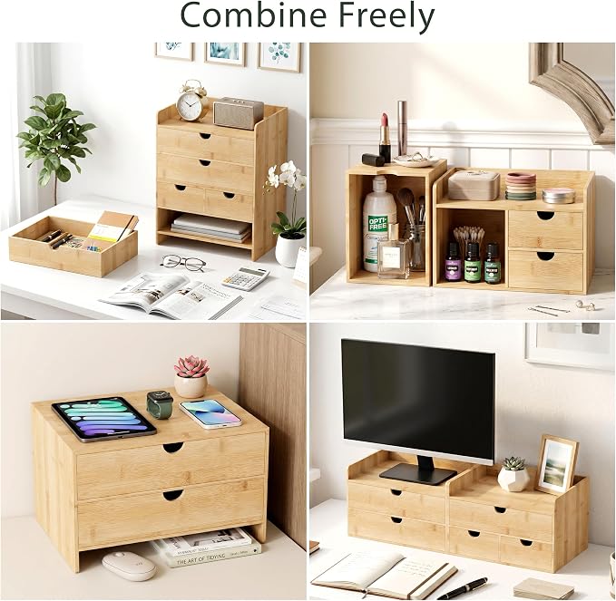 Bamboo Desk Organizer with Drawers, Desktop Storage for Office Supplies | 3 Drawers Desktop organizer, No Assembly Required, Natural Wood Wooden Desktop Drawers Box for Bills, Cosmetics, Seals, Paper