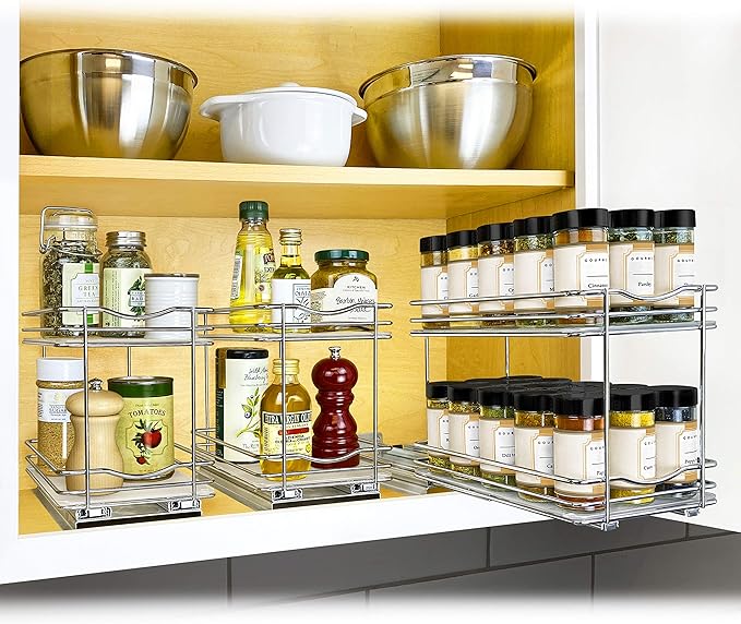 LYNK PROFESSIONAL® Pull Out Spice Organization for Cabinets - 6-3/8 inch Wide – Spice Rack for Inside Cabinets, Slide Out Spice Rack Organizer for cabinet – Pull Out Spice Rack, Sliding 2 Tier Chrome