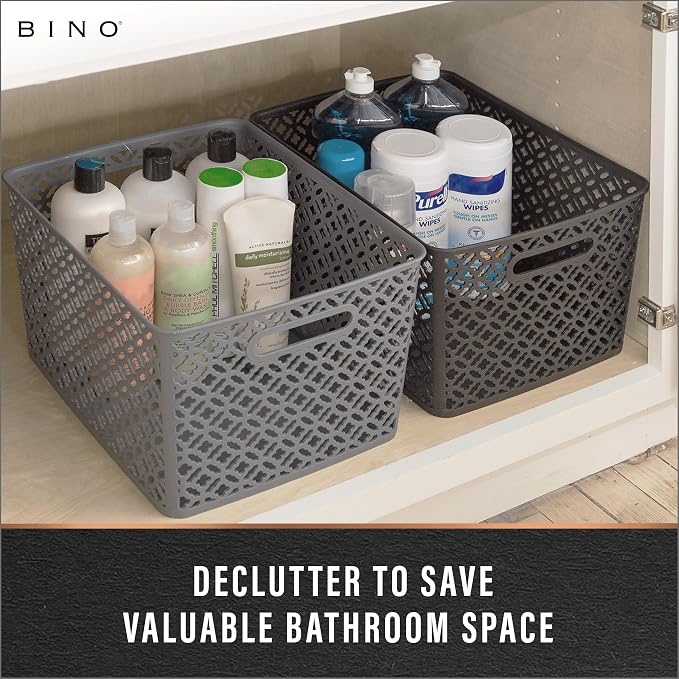 BINO l Plastic Storage Baskets, XLarge - Black | THE BLOSSOM COLLECTION l Multi-Use Organizer Bin l Built-in Handles l Plastic Woven Basket for Organizing l Pantry & Home Organizing Basket