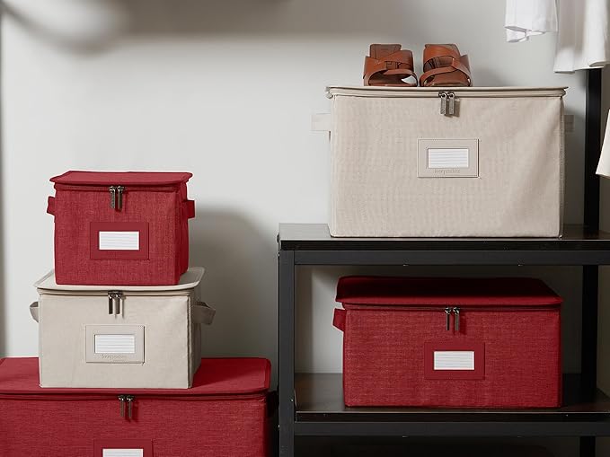 Covermates Keepsakes Zip-Top Storage Box Set, 3 Pack Heavy Duty Polyester Organizer Bins, Stackable Design, ID Window, Reinforced Handles, Closet Home Storage, Red Heather