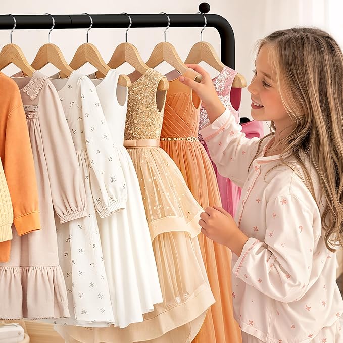 mirolam Kids Clothing Rack - Small Garment Rack - Small Kids Costume Wardrobe Rack with 2 Fabric Floors Storage Shelf - Mini Short Baby Toddler Clothes Rack