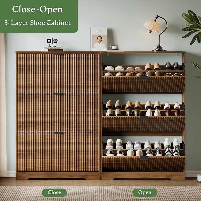 Xixini Shoe Storage Cabinet for Entryway with 3 Flip Drawers, Hidden Slim Wood Shoe Organizer with Modern Fluted Panel, Freestanding Narrow Shoe Rack for Front Door Entrance, Hallway, Foyer, Walnut